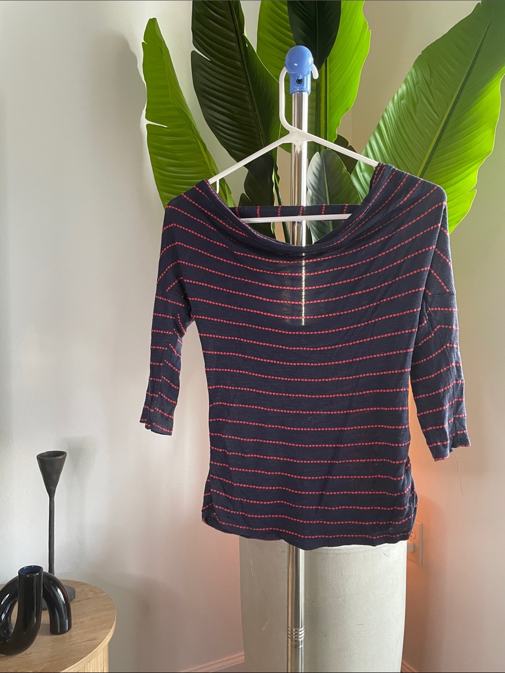 love J Navy Blue Off-The-Shoulder Top with Pink Stripes